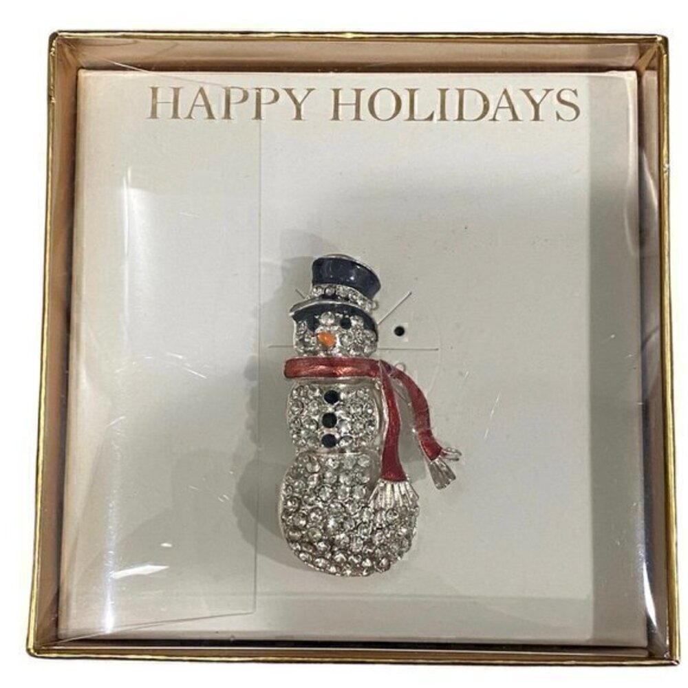 Happy Holidays Snowman Rhinestone Enamel Lapel Pin Brooch 2.25 in x 1in